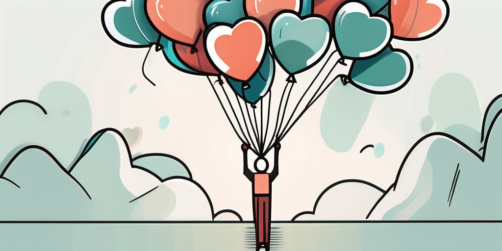 A heart-shaped balloon being lifted by multiple smaller balloons
