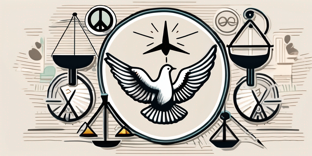 A megaphone surrounded by various symbols of peace